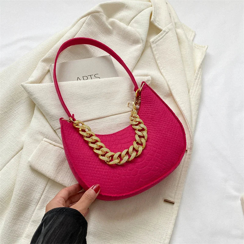 Fashion Women's Felt Handbag | Imitation Metal Chain Underarm Bag (Retro Ladies Solid Color Shoulder Bag, Trendy Casual Clutch Purse) Luxegan