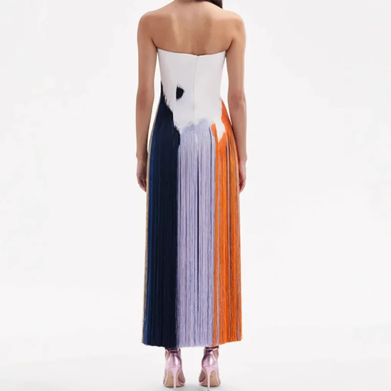Women's Temperament Print Tube Top Maxi Dress | Sexy Strapless Backless Split Long Dress | Elegant High-Waist Summer Party Dress | Premium Tatting Regular Fit Ankle-Length Straight Gown Model 52137 Luxegan