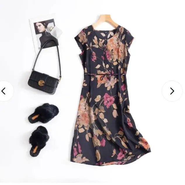 Print Round Neck Flare Sleeve Loose Straight Midi Dress – Mulberry Silk, Summer