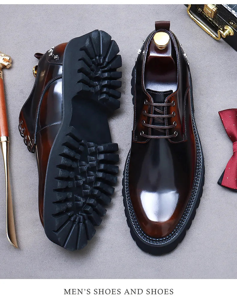 Men's New Business Dress Shoes | Sophisticated Thick-Sole Cowhide Derby Shoes | Elegant "Handmade Genuine Leather" Silhouette | "Dignified" Round Toe Wedding Shoes for Radiant Versatile Office & Career Styling Luxegan