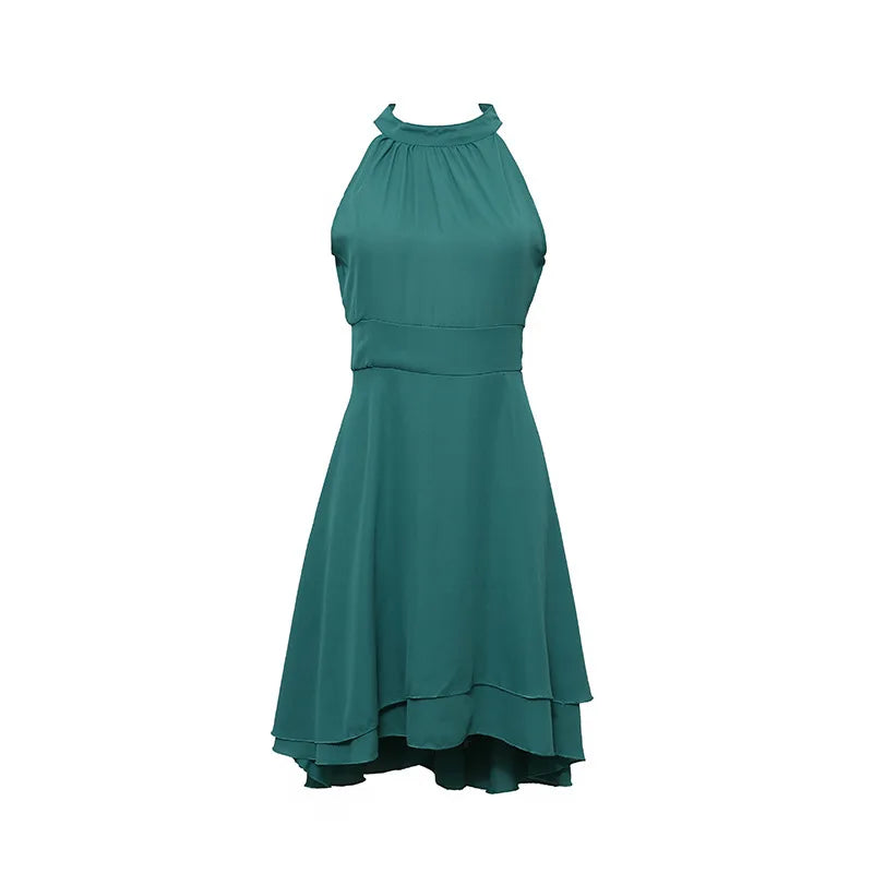 Solid Halter Sleeveless Gauze Overlay Slim Fit A-Line Mid-Calf Dress – Natural Waist, Summer Luxegan