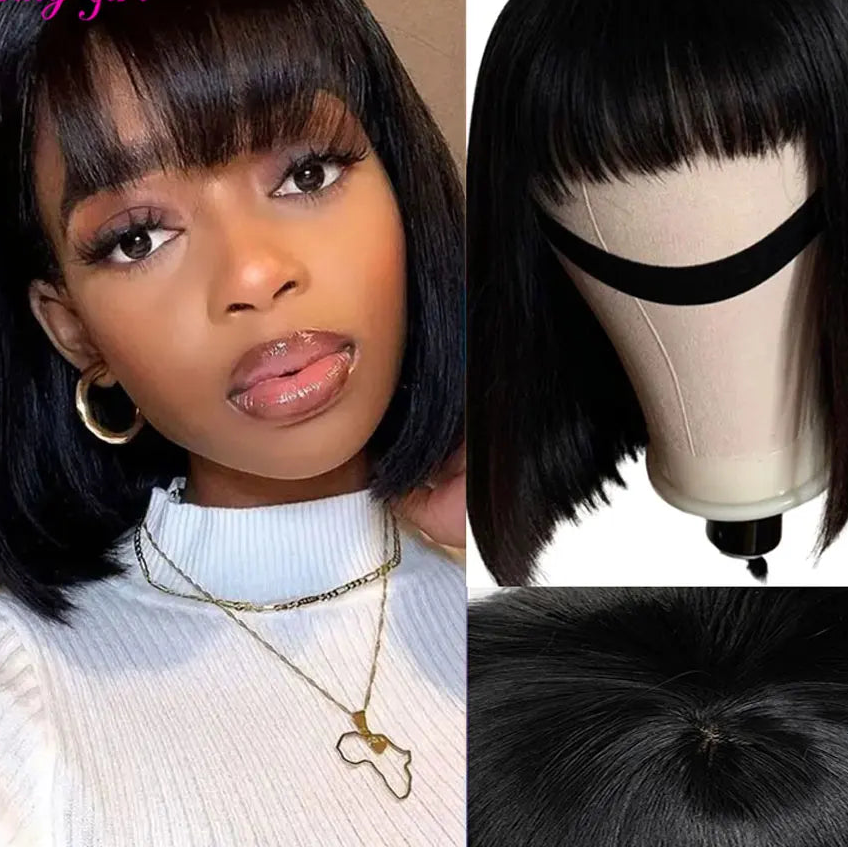 Sleek Straight Short Bob Human Hair Wig with Bangs | 180% Density Fully Machine-Made Glueless Brazilian Remy Human Hair Wig | Classic Fringe Bob for Women (8-16 Inch, Natural Color / #99J Burgundy / #30 Honey Blonde) Luxegan
