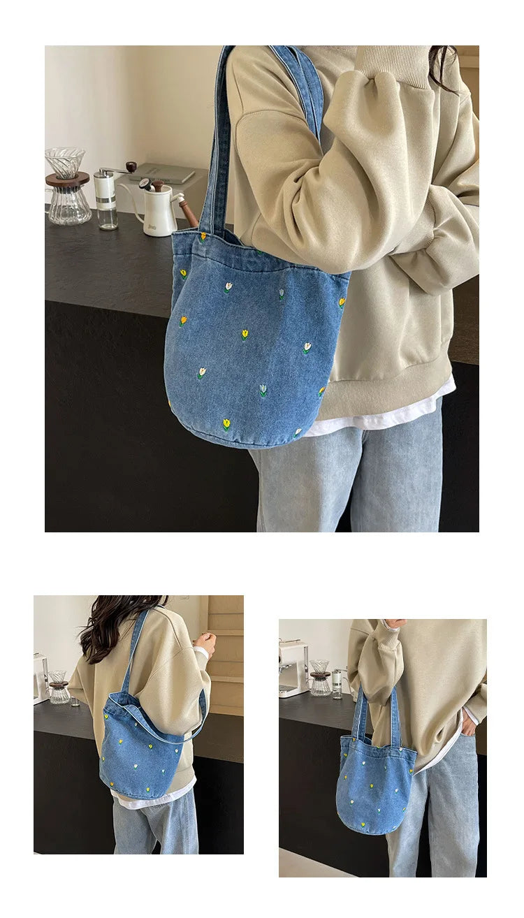 Designer Denim Bucket Bag | Vintage Floral Canvas Shoulder Bag & Crossbody | Casual Unisex Tote with Linen Lining and Hasp Closure Luxegan