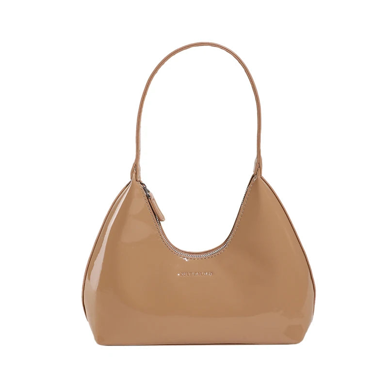 Designer Patent Leather Crescent Bag | Soft Solid Color Shoulder Tote Luxegan
