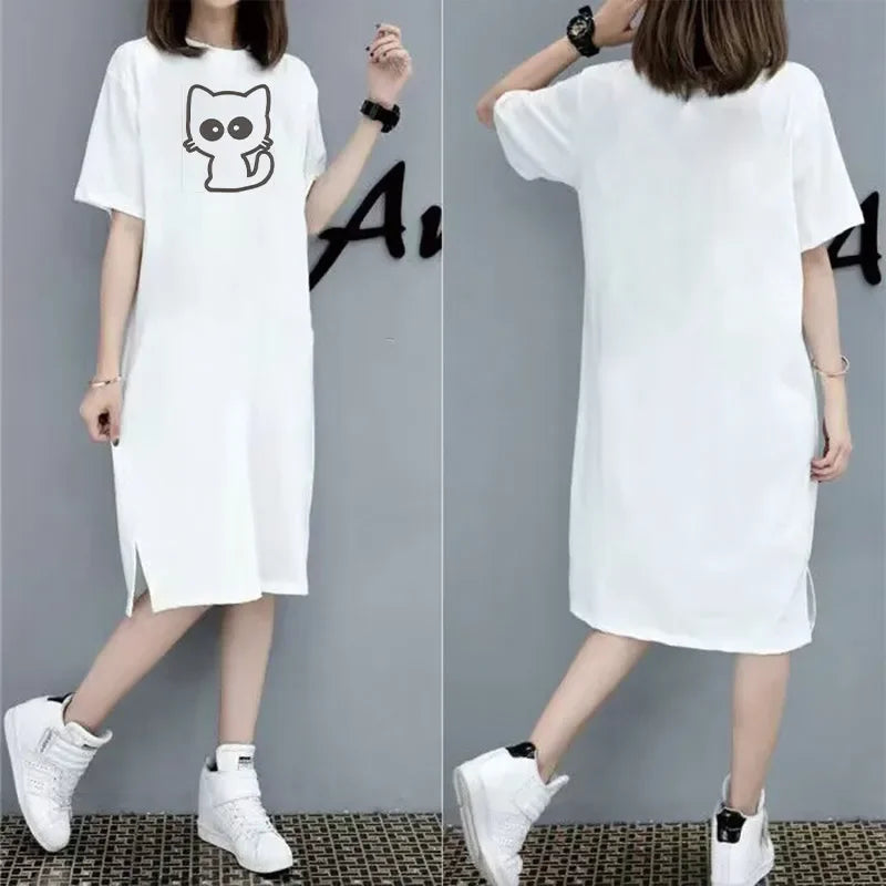 Women's New Cartoon Cat Print Dress | Cute Summer Autumn Short Sleeve Loungewear | Casual Loose Fit O-Neck Home Dress | Premium Non-Woven Slight Stretch Knee-Length A-Line Vestido