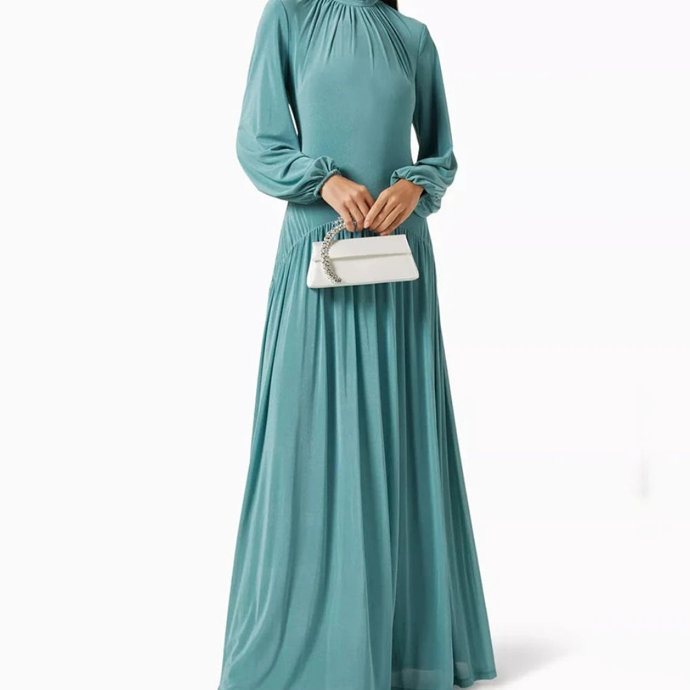 Draped A-Line Prom Dress | High-Neck Full Sleeve Floor-Length Evening Gown Luxegan