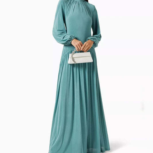 Draped A-Line Prom Dress | High-Neck Full Sleeve Floor-Length Evening Gown Luxegan
