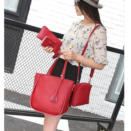 PU Leather Solid Casual Tote Set | Soft Durable Zipper Shoulder Bags (4-Piece) Luxegan