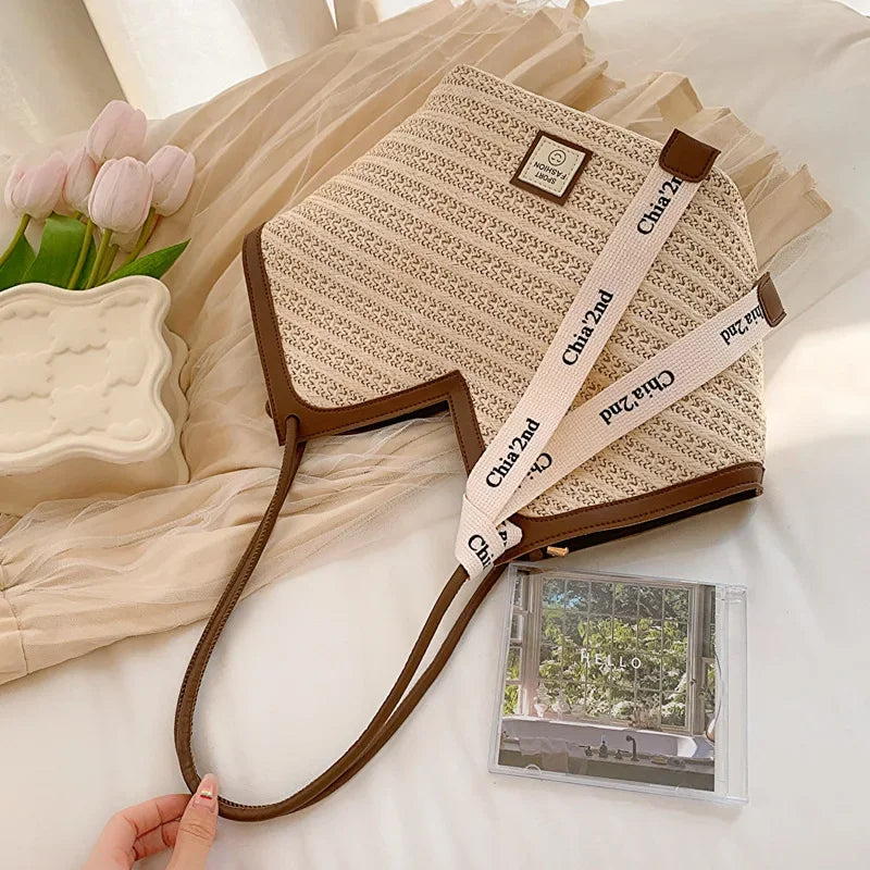 Vintage Handmade Woven Straw Beach Bag | Sophisticated Raffia Circle Rattan Shoulder Bag | Bohemian Summer Vacation Handbag | Fashion-Forward TPU & Polyester Casual Tote Luxegan