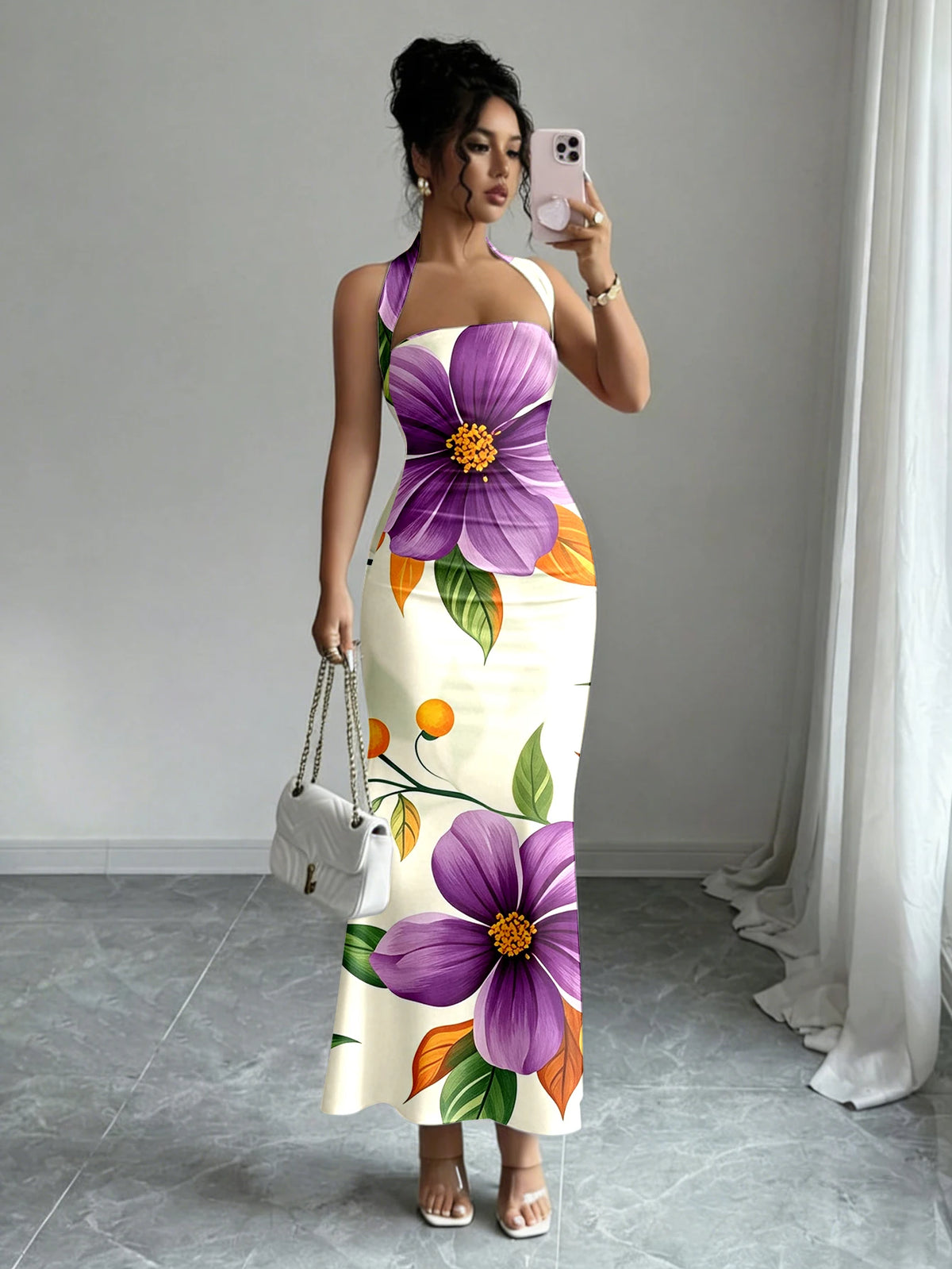 Print Slash Neck Spaghetti Strap Sleeveless Zip Detail Regular Fit Sheath Ankle-Length Dress – Slight Stretch Polyester-Elastane, Summer Luxegan