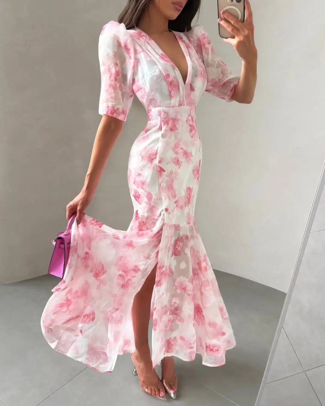 Organza Floral Printed Maxi Dress V-Neck  Puff Sleeve 2026 Spring/Summer Romantic Women Party Gown Fashion Elegant Lady Vestidos