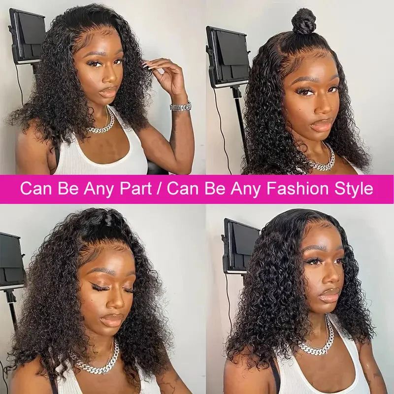 Deep Curly Short Bob Human Hair Wig - 13x4 Transparent Lace Frontal & Deep Wave Part Wig - 100% Brazilian Remy Human Hair Glueless Natural Black Curly Bob Wig for Women Luxegan