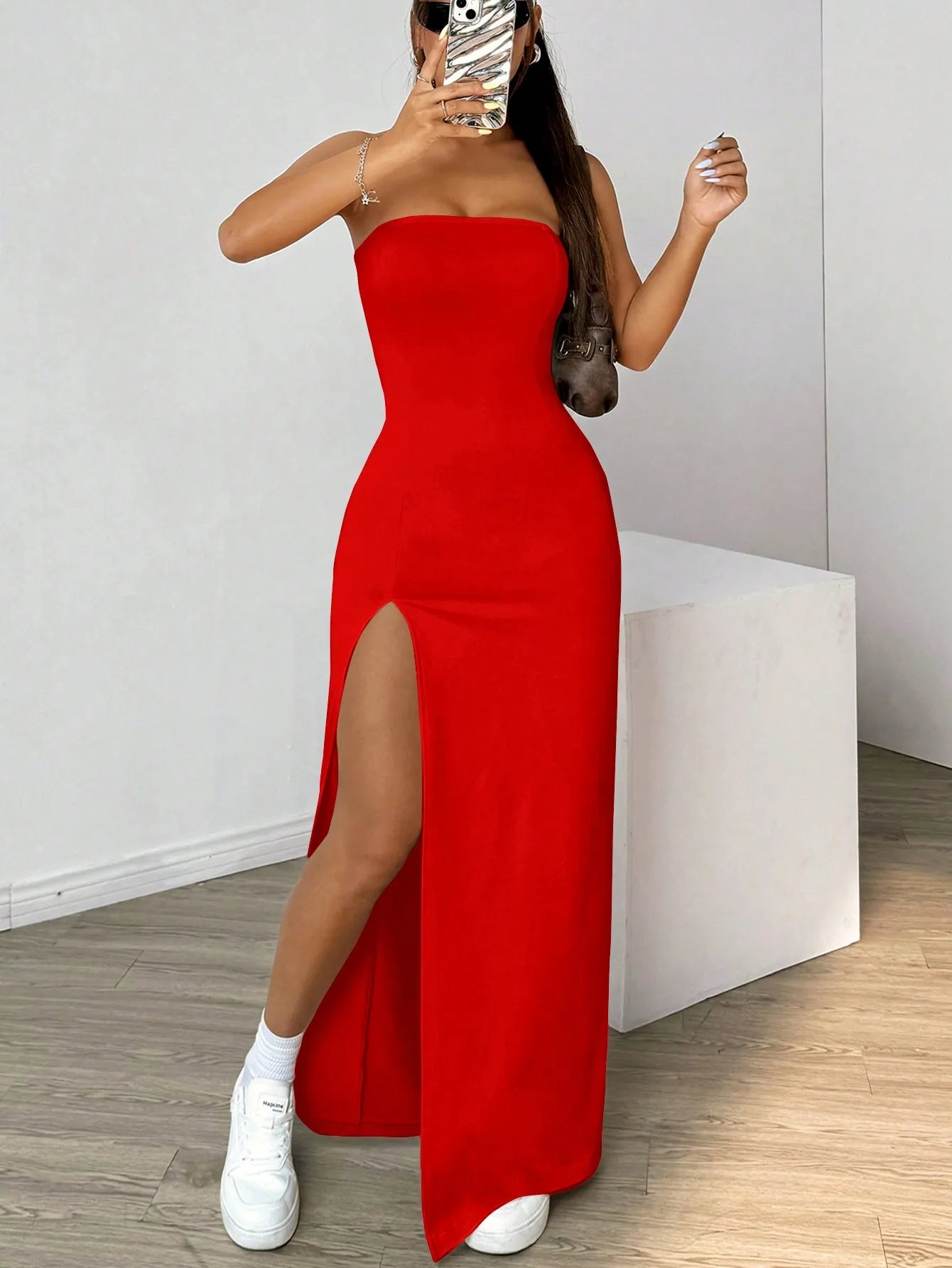 Elegant Ladies Solid Strapless Camisole Long Dress | Slim-Fit Slit Ankle-Length Chest-Wrapping Gown | Simple All-Season Basic Polyester A-Line Dress Luxegan