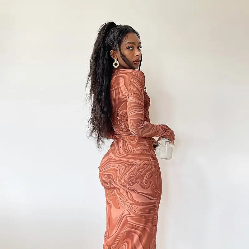 Printed Long Sleeve Slim Pencil Dress – Crew Neck, Ankle-Length, Autumn/Winter Luxegan