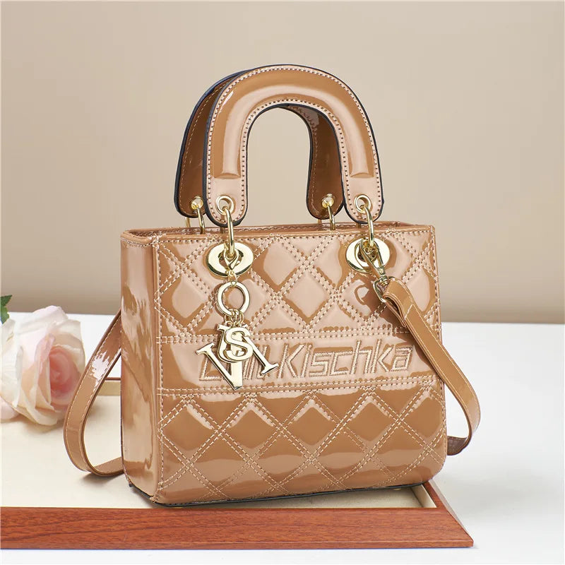 High-Quality Patent Leather Female Handbag | Luxury Designer Crossbody & Shoulder Bag | Glossy Geometric Pattern Tote with Multi-Pocket Interior Luxegan