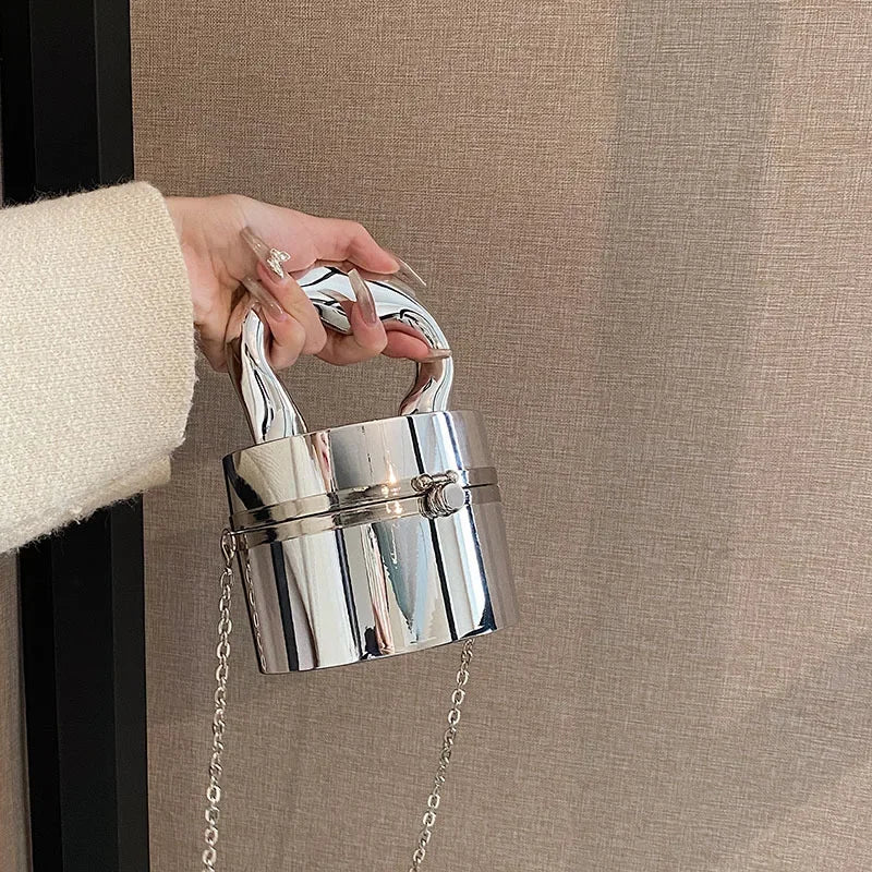Gold Box Handbag | Shiny Party Evening Clutch & Metal Chain Messenger Purse Luxegan