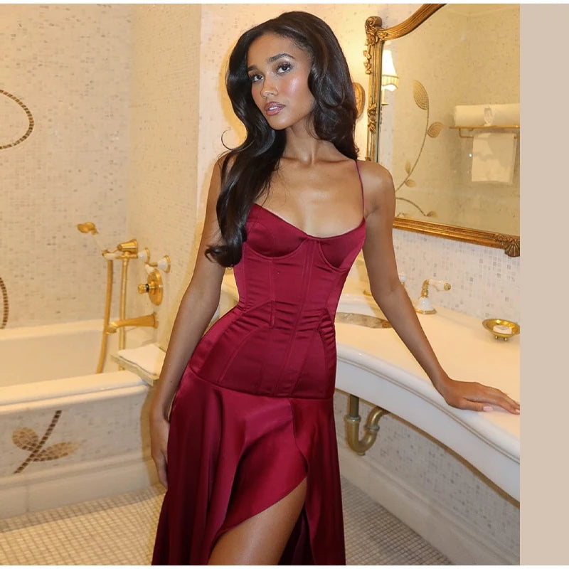 V-Neck Sleeveless Camisole-Style Slim Fit Sheath Slit Floor-Length Dress – Natural Waist, Summer Luxegan