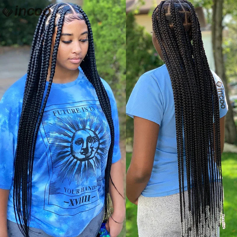 Synthetic Large Box Braided Wigs Jumbo Knotless Full Lace Front Wigs For Black Women Jumbo Tribal Braids Faux Locs Cornrows Wig Luxegan