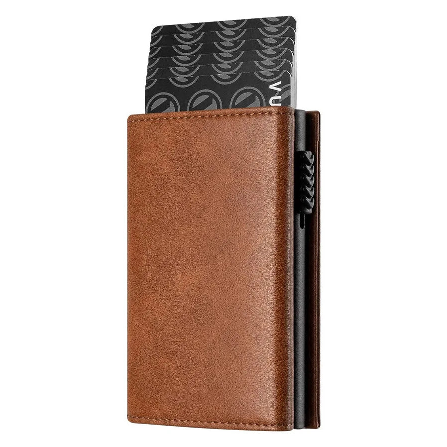 Men's Pop-Up Minimalist Card Holder Wallet | Premium RFID-Blocking Slim Metal Bank Card Case | PU Leather Pocket Organizer Wallet with Money Pocket & Coin Compartment Model 1688 Luxegan