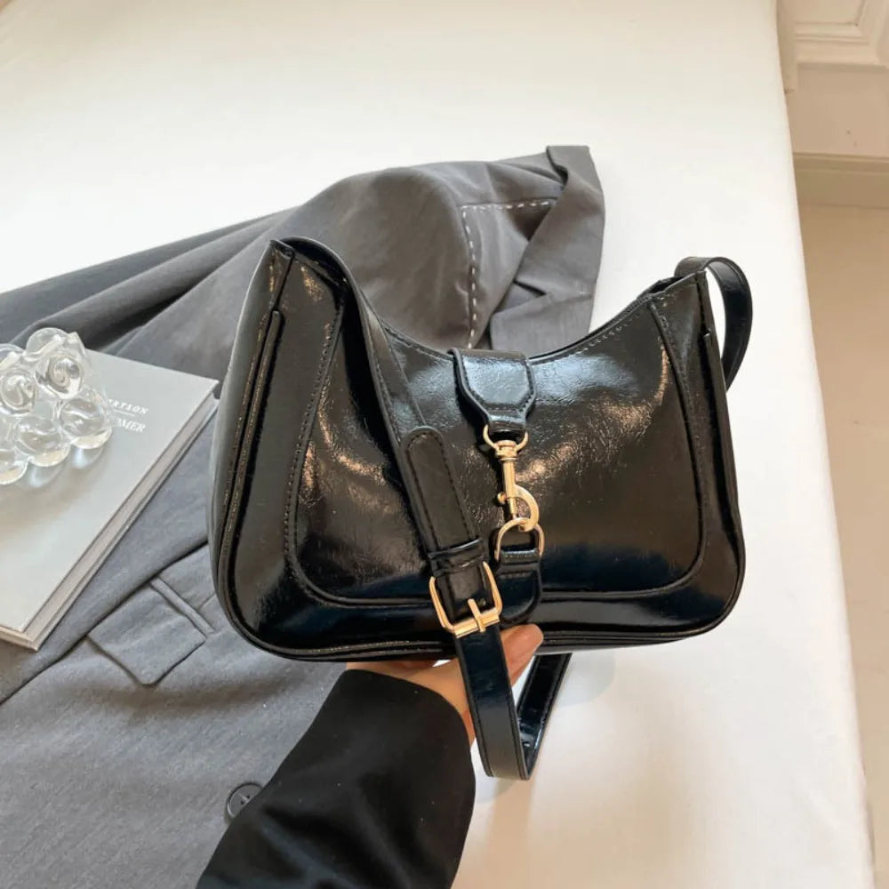 Elegant Patent Leather Shoulder Bag | Large Capacity Retro Armpit Bag | Smooth Solid Color Belt Buckle Clutch Handbag Luxegan