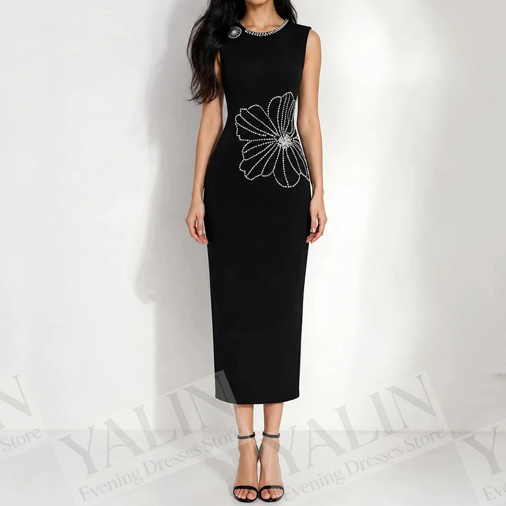 Crystal Floral Straight Evening Dress | O-Neck Sleeveless Tea-Length Prom Gown Luxegan