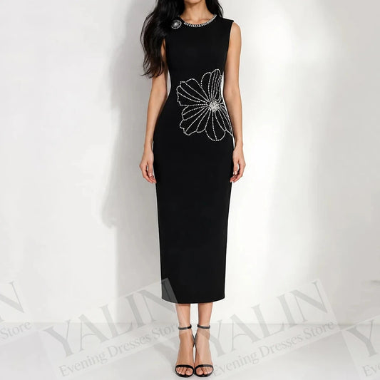 Crystal Floral Straight Evening Dress | O-Neck Sleeveless Tea-Length Prom Gown Luxegan