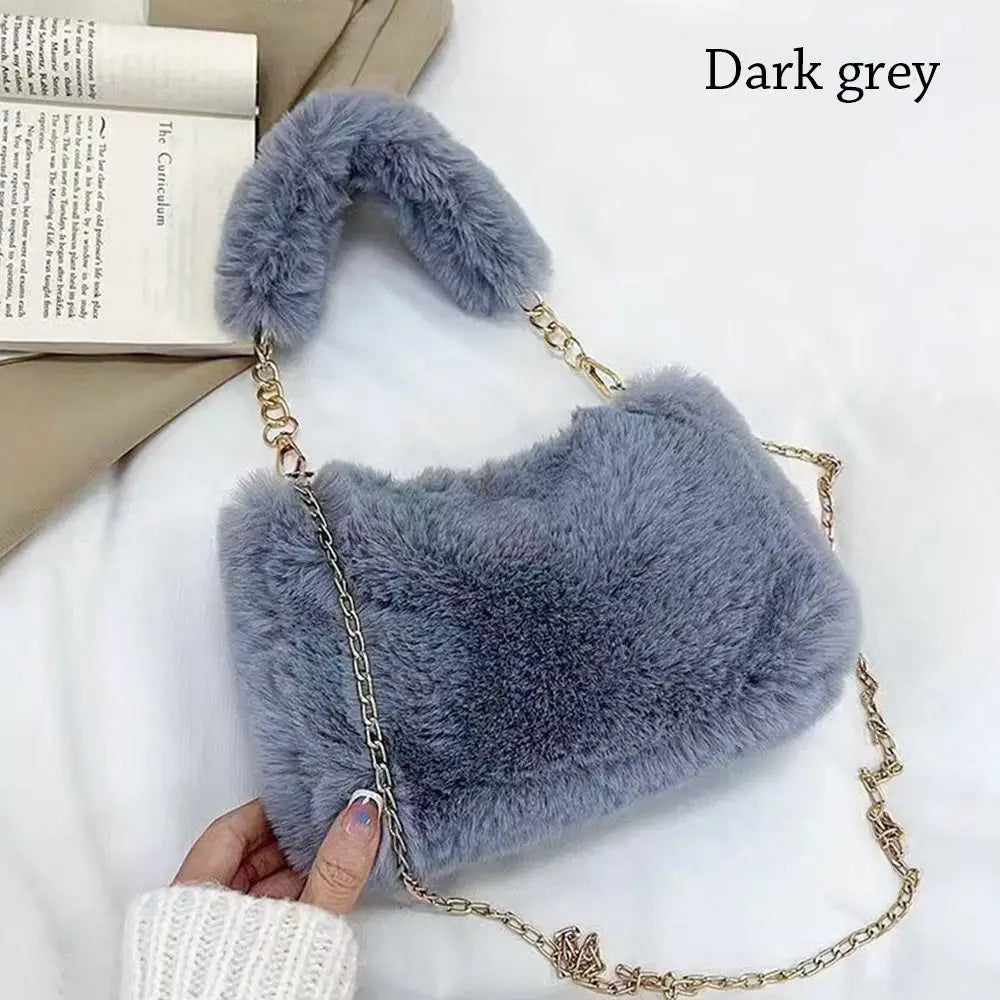 Fashion Women’s Fluffy Shoulder Bag | Sophisticated Winter Plush Underarm Bag | Elegant Solid Color Handbag with Chain Detail | Soft Handle Bag for Parties and Social Events Luxegan