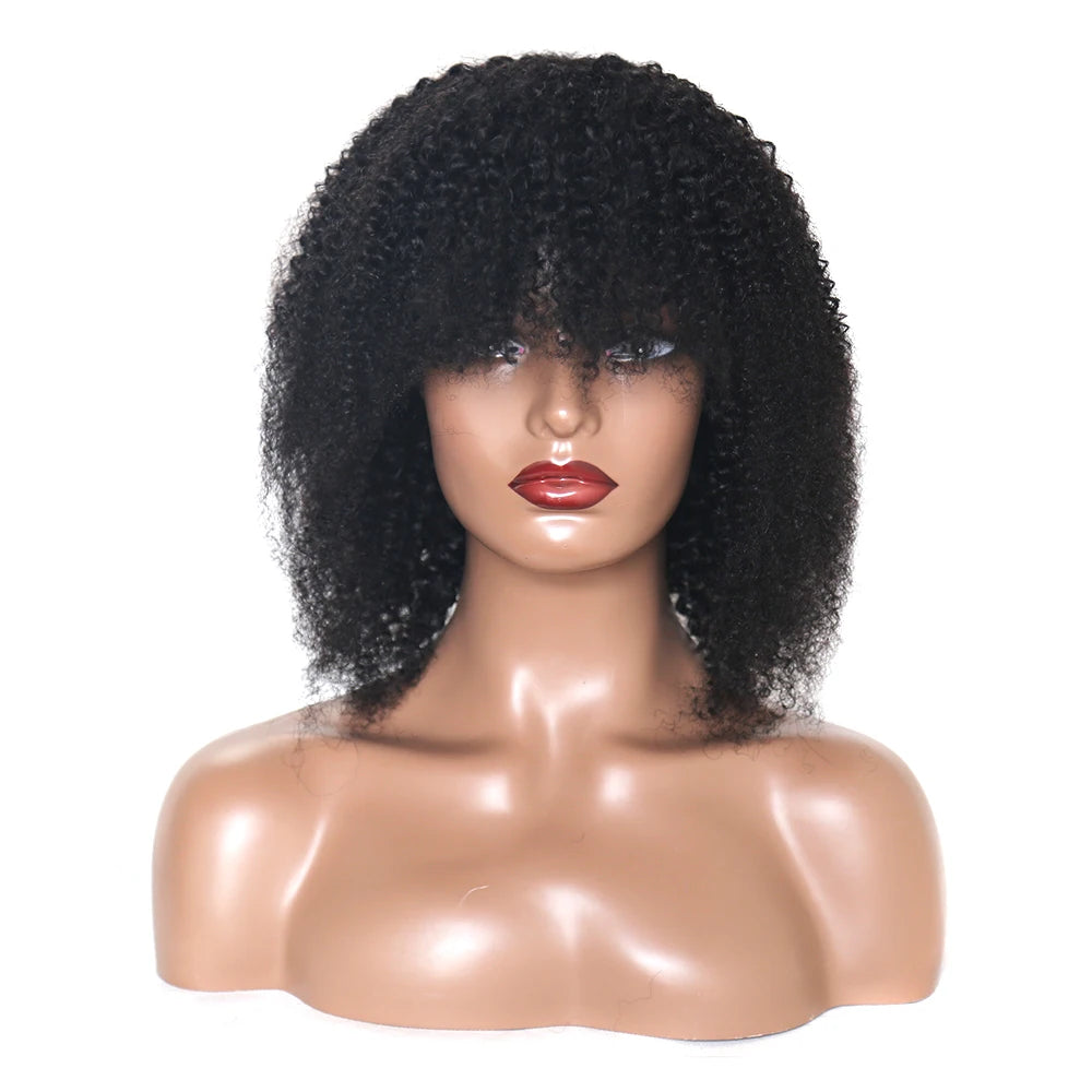 Afro Kinky Curly Human Hair Wig with Bangs | Brazilian Remy Hair | Short Curly Wig