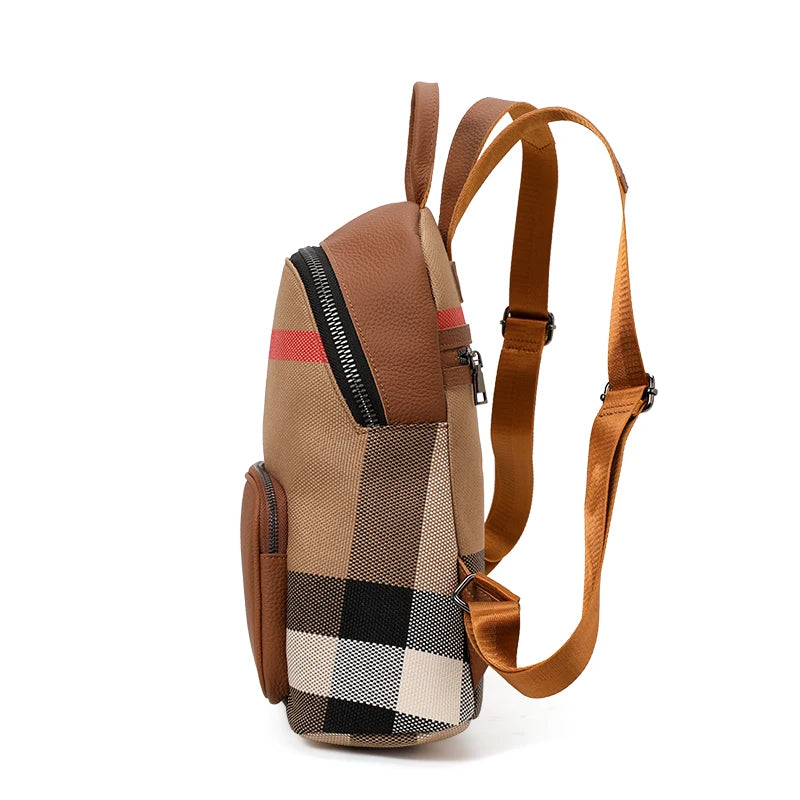 Canvas Preppy Style Backpack for Women | Trendy Plaid Designer Bag | High-End Cowhide & Canvas Fashionable Rucksack (Model Q1511) Luxegan