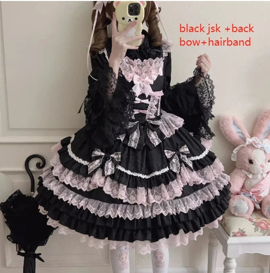 Women's Sweet Lolita JSK Suspender Dress Set | Original Doll Feeling Princess Fairy Mini Gown | Elegant Lace Bow Spaghetti Strap Cake Dress | Premium Tatting Slight Stretch Empire Waist Vestido Luxegan