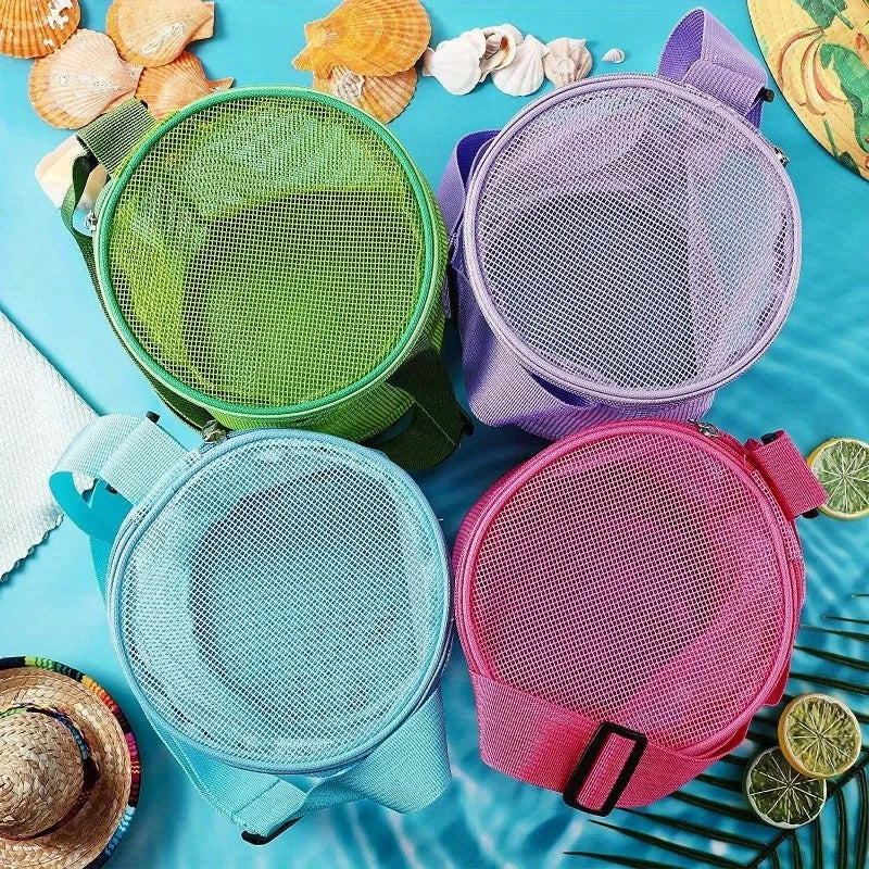 Net Yarn Shell Storage Bag | Sophisticated Three-Dimensional Circle Beach Bucket | Elegant Dredging Toy Collection Bag | High-Quality Polyester Mesh Finishing Pouch with "Dignified" Barrel Shape Luxegan