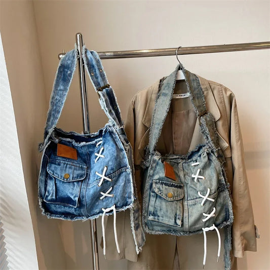 Washed Denim Shoulder Bag for Women Handbags | Large Capacity Female Messenger Bags | Soft Jeans Casual Big Totes Shopping Bag Luxegan