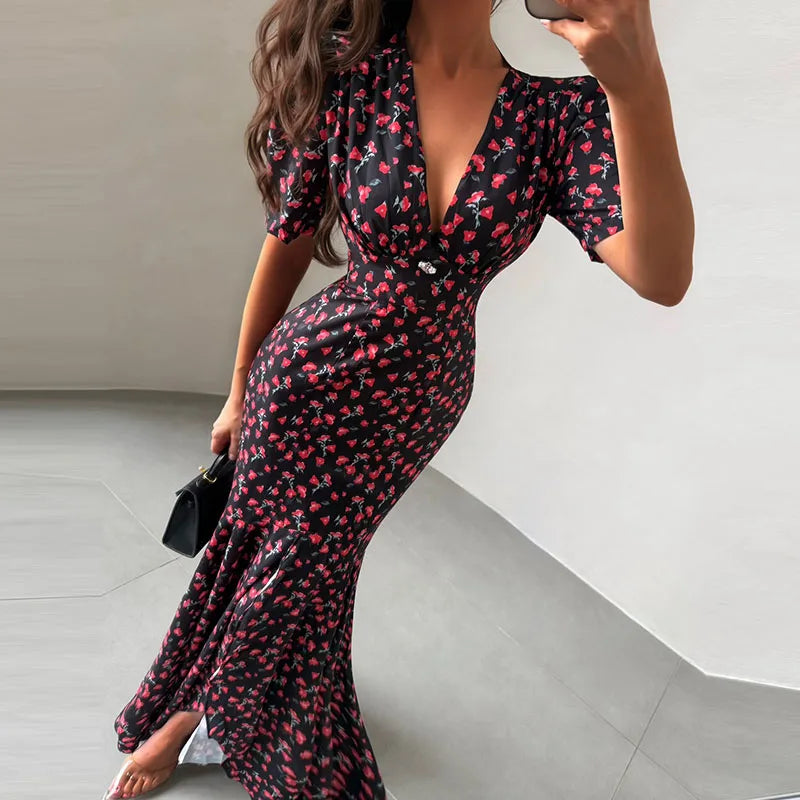 Floral Print V-Neck Short Puff Sleeve Regular Fit Sheath Ankle-Length Dress – Natural Waist, Summer Luxegan