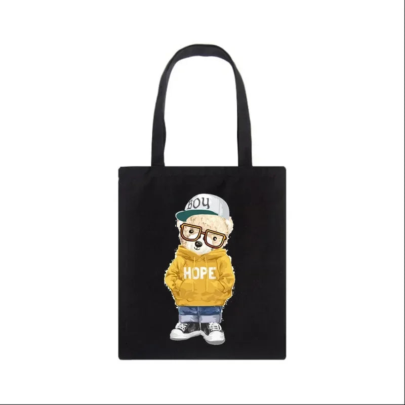 Fashion Bear Print Eco Women Shoulder Bags | Female Handbag Canvas Shopping Bag | Casual Large Ladies Travel Totes Bags Luxegan