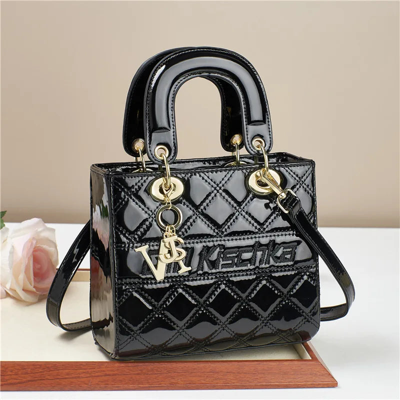High-Quality Patent Leather Female Handbag | Luxury Designer Crossbody & Shoulder Bag | Glossy Geometric Pattern Tote with Multi-Pocket Interior Luxegan