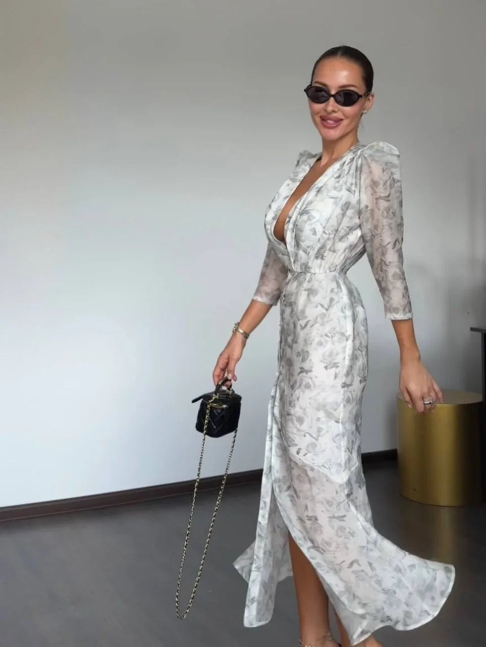 Organza Floral Printed Maxi Dress V-Neck  Puff Sleeve 2026 Spring/Summer Romantic Women Party Gown Fashion Elegant Lady Vestidos