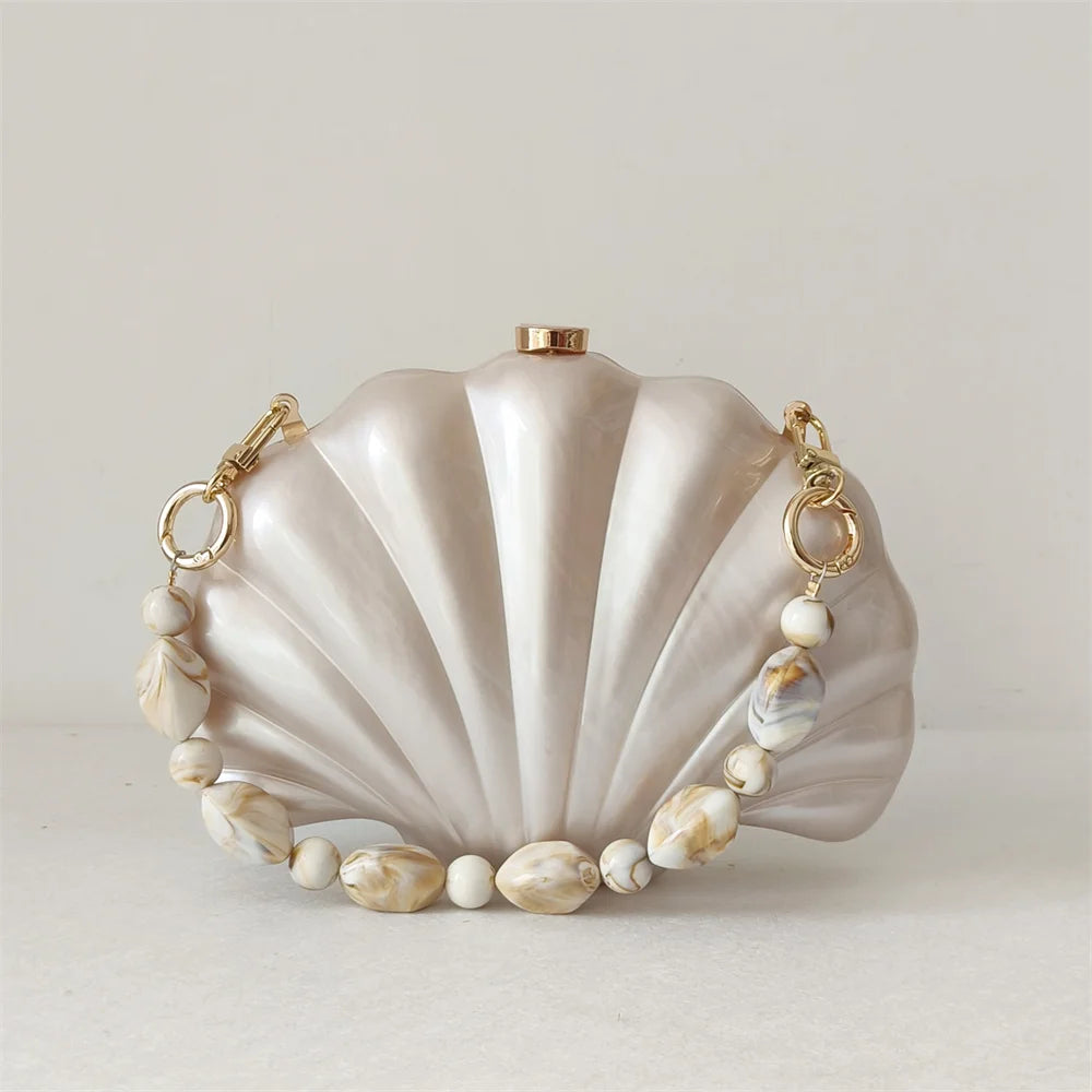Hard Acrylic Shell Box Clutch | Luxury Stones & Chain Wedding Bridal Handbag Luxegan