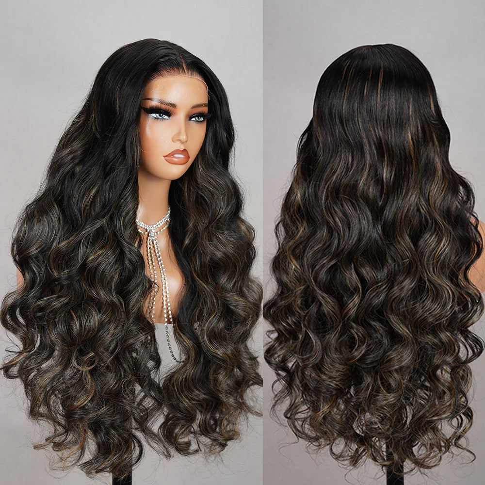 Long Body Wave Highlight Wear-and-Go Glueless 6x6x1 T-Part Lace Closure Wig - Pre-Plucked & Bleached Knots Mixed Hair Wig - Transparent Swiss Lace Human Hair & Synthetic Blend Wig for Women Luxegan