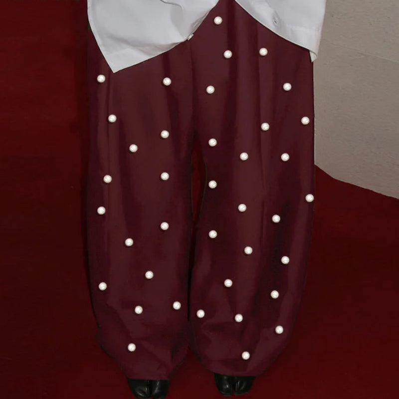 Pearl Decoration Design Trousers | Sophisticated Straight Leg Silhouette | Elegant "Ankle-Length" - view 3