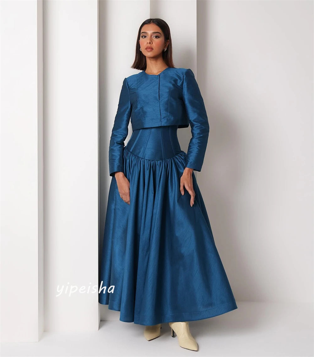 Draped Satin A-Line Engagement Dress | Bespoke Occasion Ankle-Length Gown | Modern Full-Sleeve O-Neck Non-Spot Evening Dress Luxegan