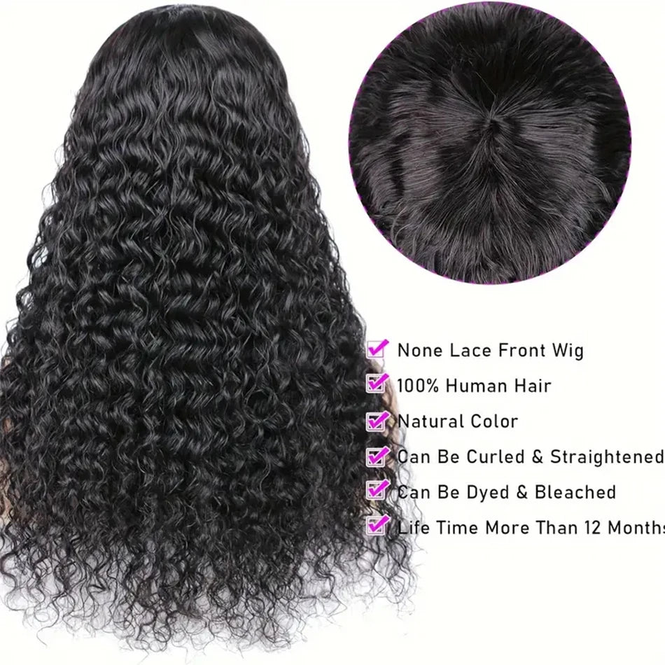30-Inch Water Wave Human Hair Wig with Bangs | 180% Density Glueless Kinky Curly Fringe Wig | Fully Machine-Made Brazilian Remy Human Hair Bob & Long Wig for Women Luxegan