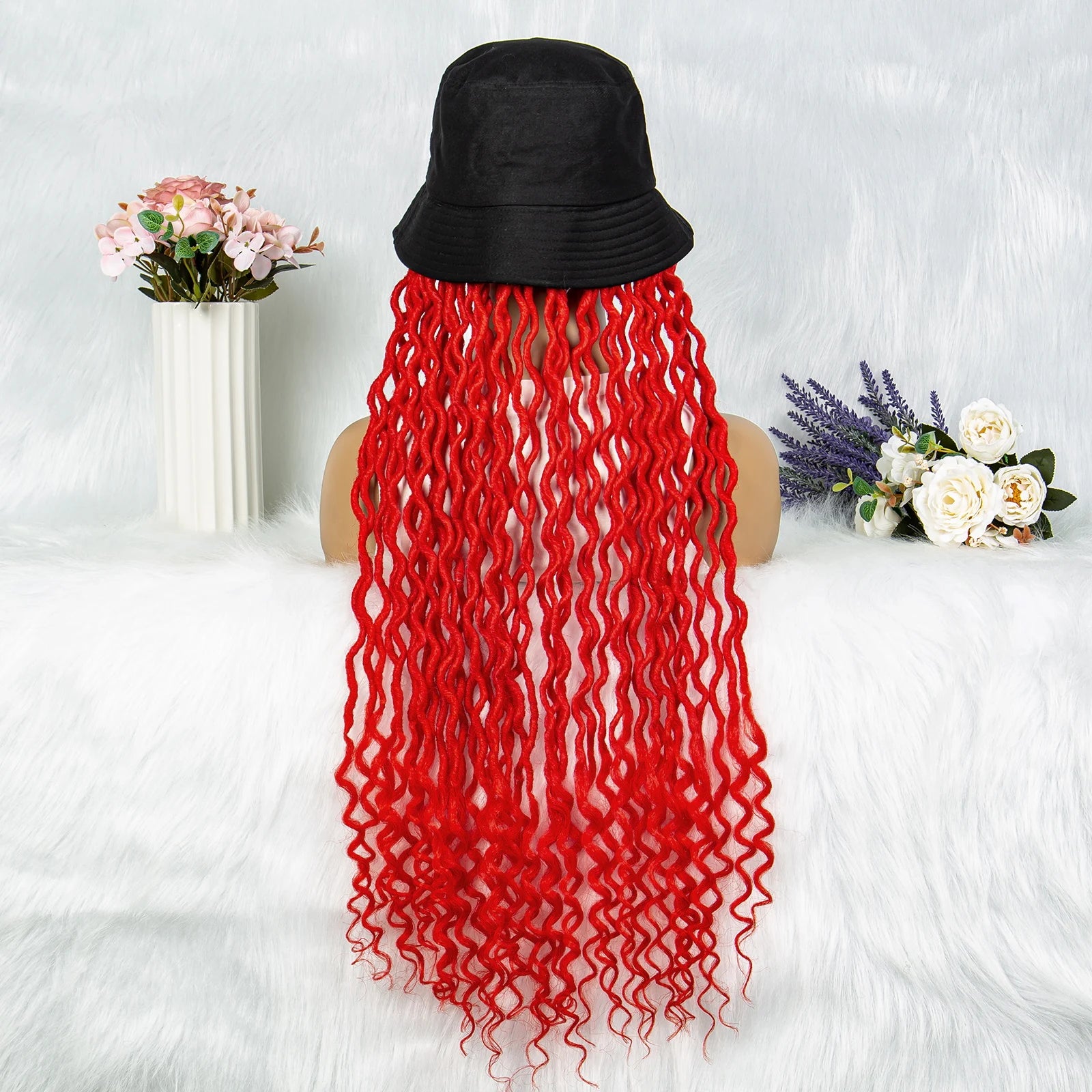 30" Crochet Afro Dreadlocks Bucket Hat Wig | Synthetic Braided Hair | Curly Ends | Black Women
