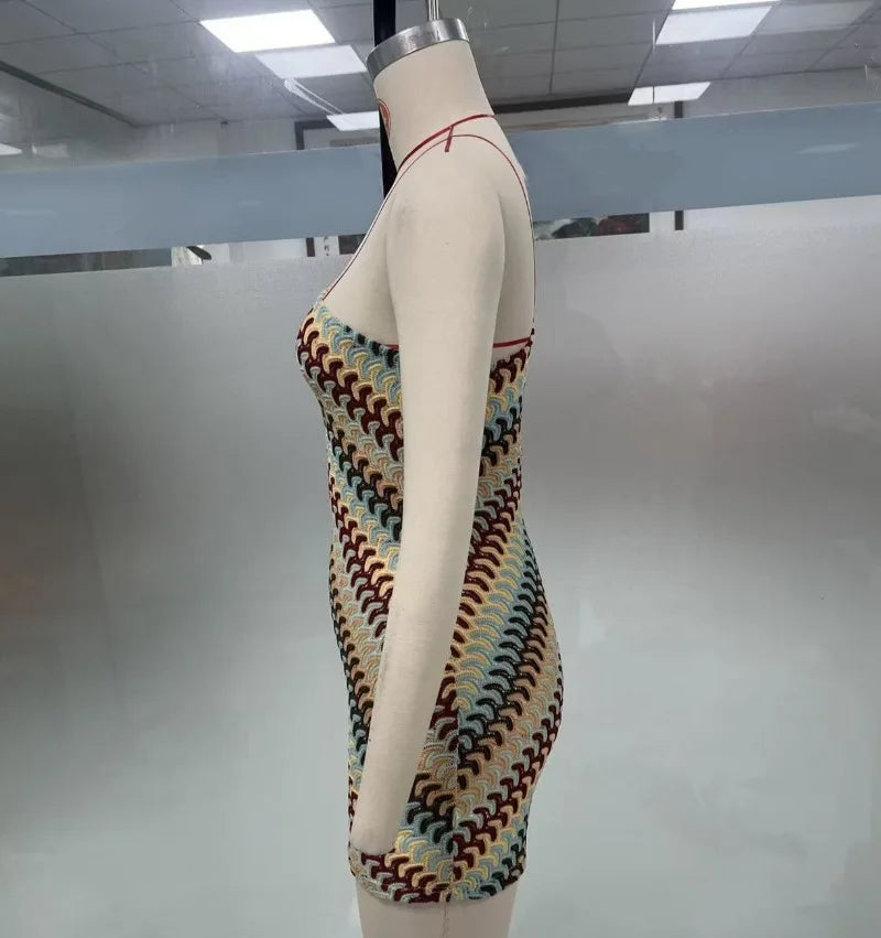 One-Shoulder Colorful Striped Bodycon Mini Dress Luxegan