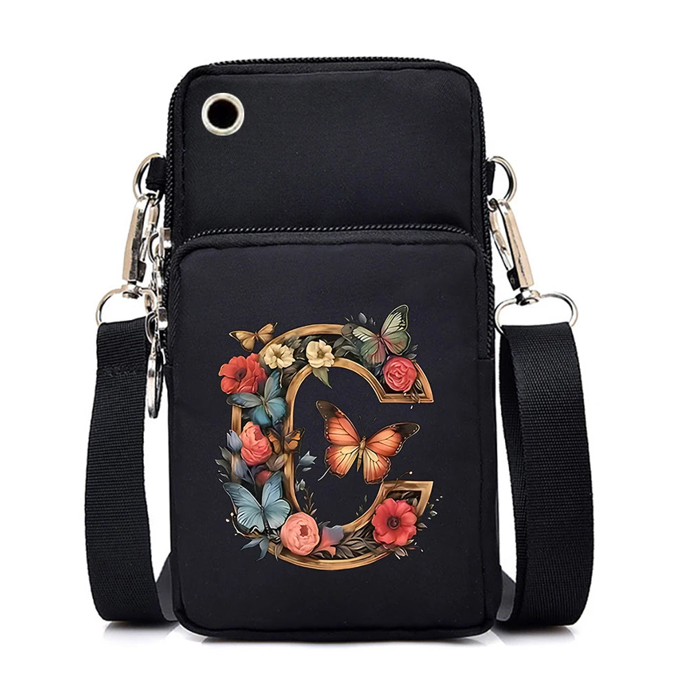 Women’s Small Crossbody Mobile Phone Bag | Sophisticated Vintage Flower & Alphabet Purse | Elegant Mini Messenger with Soft Leather Strap | Fashion-Forward Cartoon Applique Shoulder Bag (Model 858) Luxegan