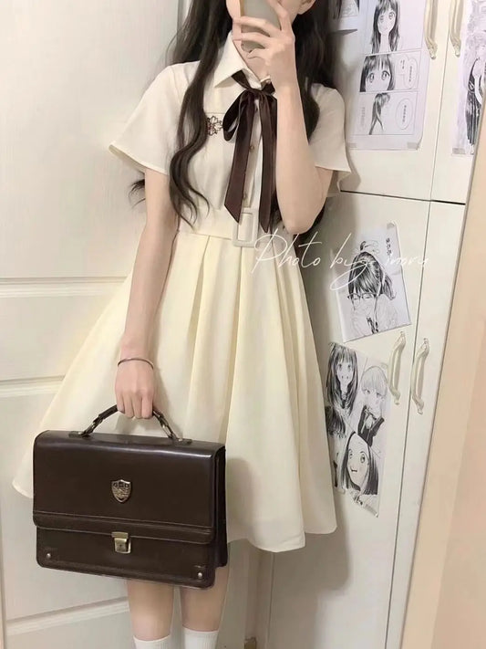 Embroidered Collar Preppy Midi Dress | Short Sleeve A-Line Empire Waist JK Dress Luxegan