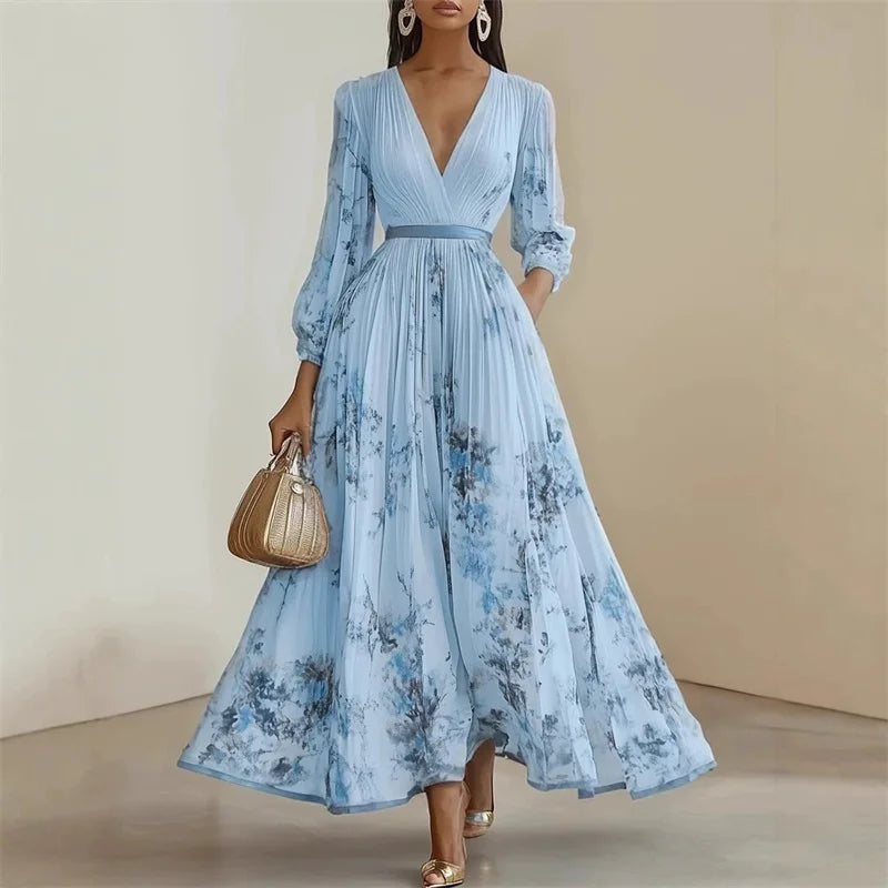 Women's Elegant Spring Summer Maxi Holiday Dress | Sexy V-Neck Printed Long Sleeve Big Swing Gown | Bohemian Slim Fit Ankle-Length A-Line Dress | Premium Tatting Non-Stretch Luxegan