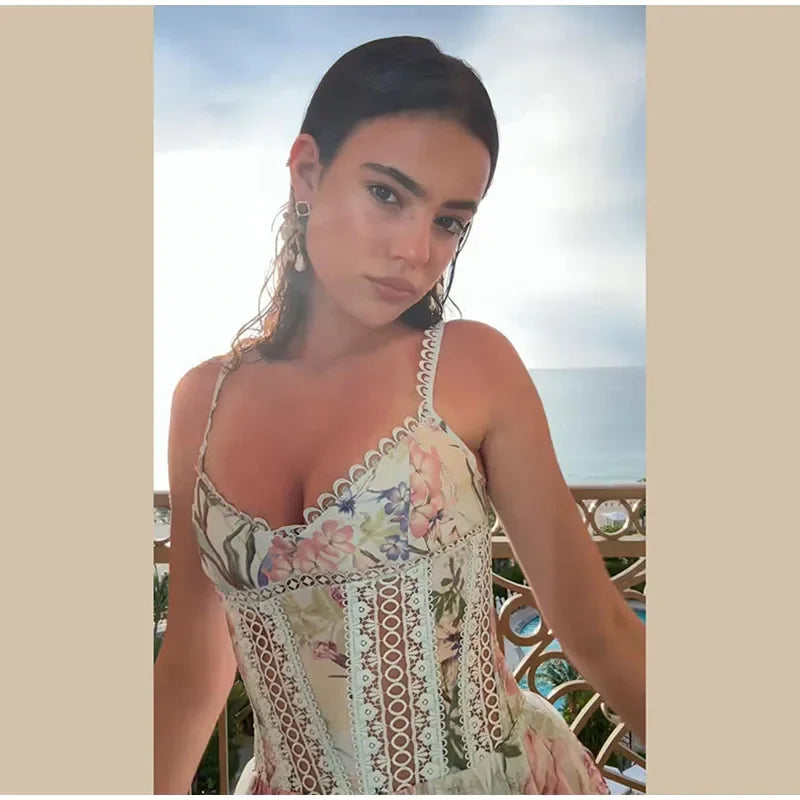 Floral Print Lace Patchwork Mini Dress Sleeveless Flared Hem Waist-cinching Spaghetti Strap Dresses Summer Chic Elegant Gown