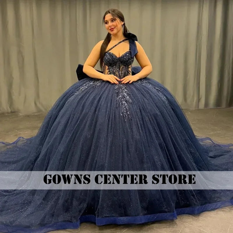 Red Puff Ruched Train Ball Gown Quinceanera Dress With Bow One Shoulder Beaded Appliques Sweet 15 Vestidos De 15 Años Customized