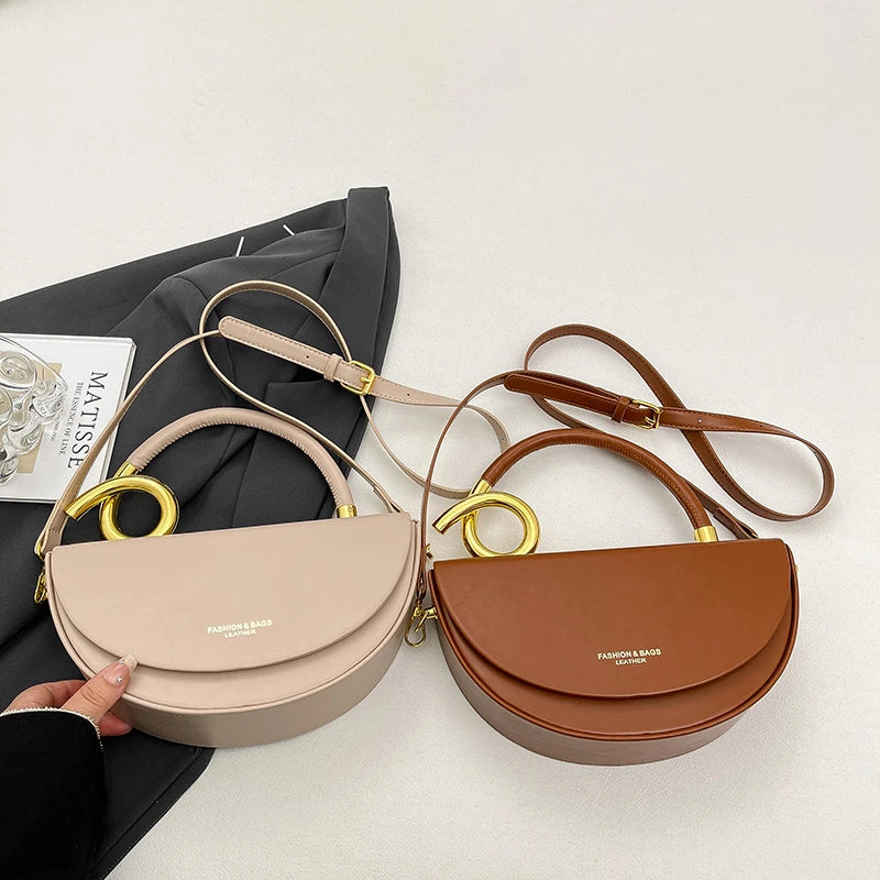 Designer Semicircle Saddle Crossbody | Small Hard PU Leather Handbag Luxegan