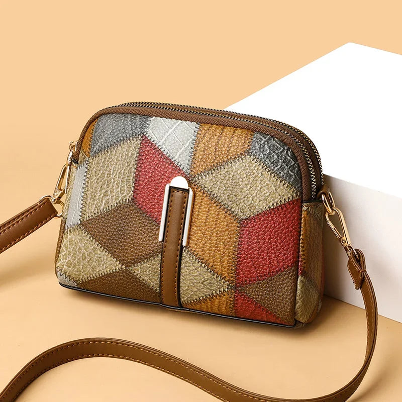 Color Block Square Crossbody Bag | Casual PU Leather Double Zipper Purse Luxegan